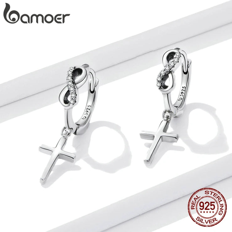 Sterling silver cross hoop earrings with infinity symbol and crystals faith inspired jewelry for women