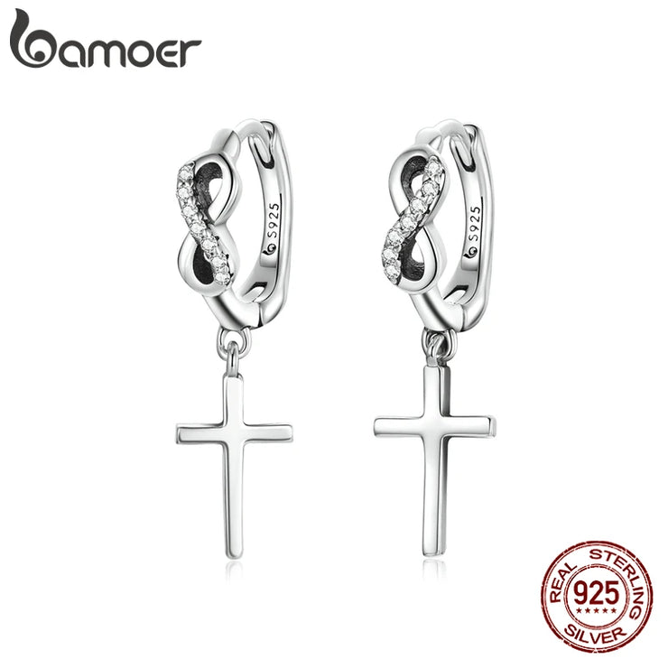 Sterling silver cross dangle earrings with infinity loop and crystals faith inspired jewelry for women
