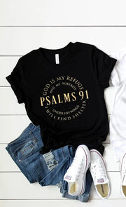 Black Bible Verse Cotton Tee with Psalms 91 scripture design paired with denim jeans and white sneakers