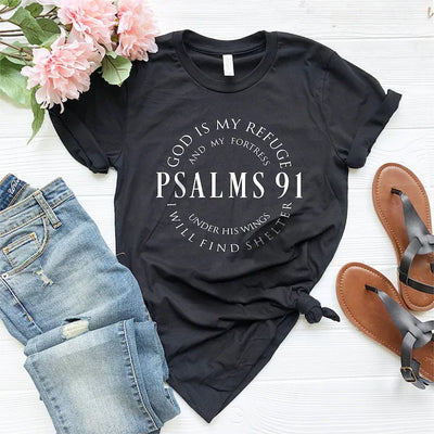 Black Bible Verse Cotton Tee with Psalms 91 scripture text styled with rolled sleeves and knot detail