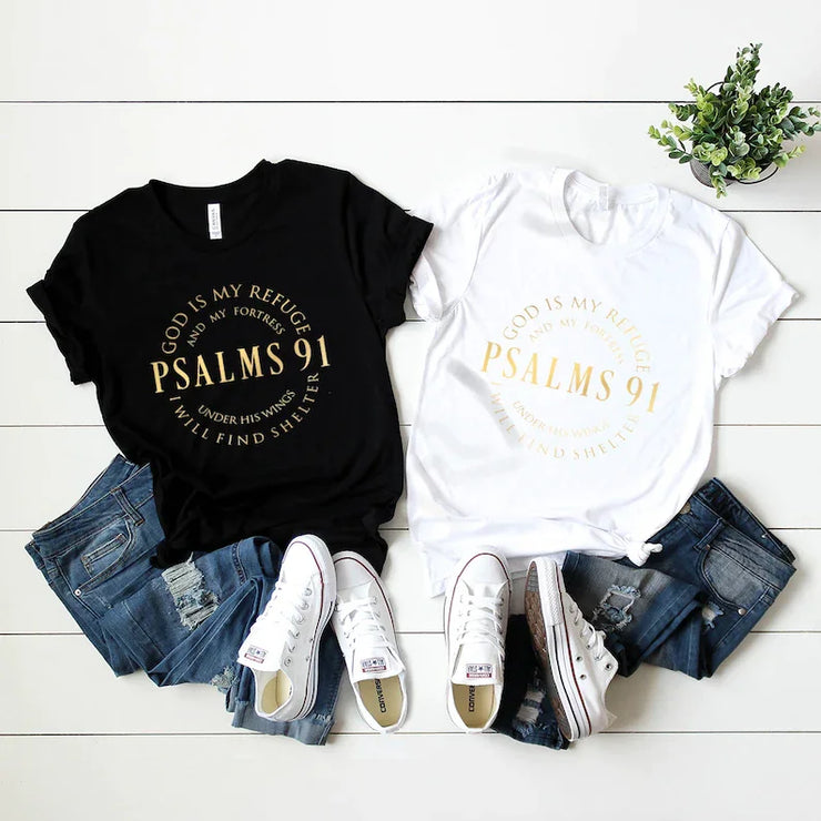 Bible Verse Cotton Tee in black and white with Psalms 91 scripture design paired with denim jeans and white sneakers