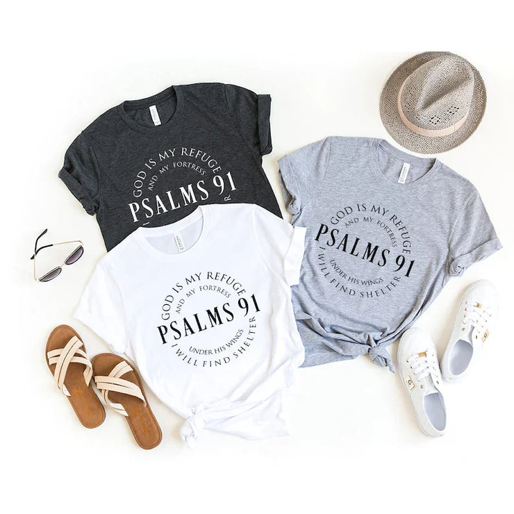 Bible Verse Cotton Tee in black white and gray with Psalms 91 scripture design styled with sandals shoes sunglasses and a hat