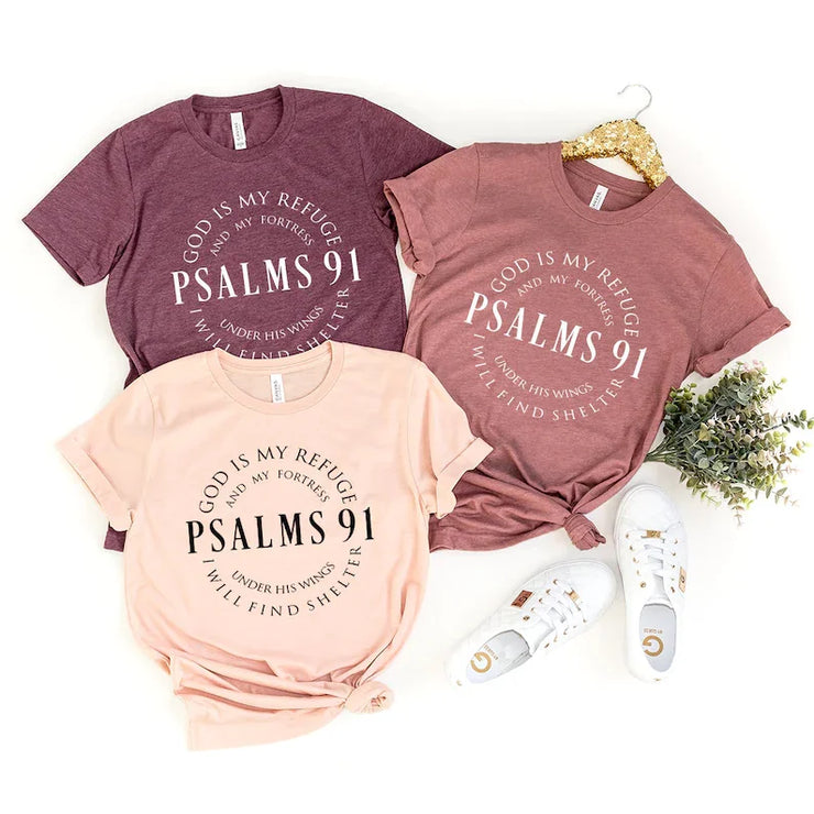 Bible Verse Cotton Tee collection featuring Psalms 91 design in purple, mauve, and peach colors by Fresh Faith Designs