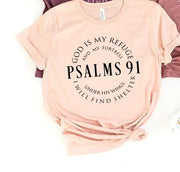 Bible Verse Cotton Tee in light pink with Psalms 91 scripture and knot detail at hem