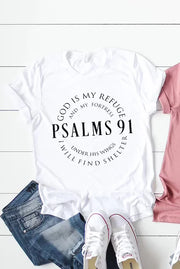 White Bible Verse Cotton Tee with Psalms 91 scripture design paired with denim shorts and white sneakers