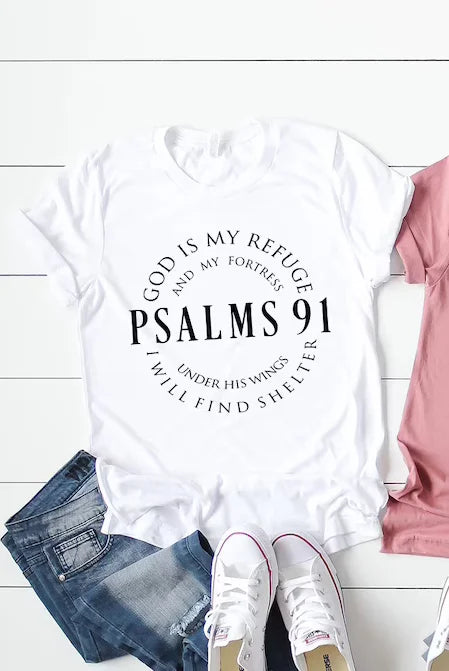 White Bible Verse Cotton Tee with Psalms 91 scripture design paired with denim shorts and white sneakers
