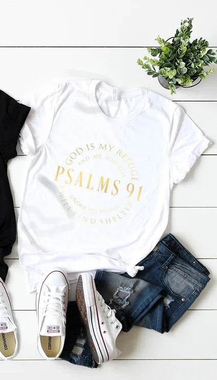 Fresh Faith Designs Bible Verse Cotton Tee in white with Psalms 91 gold text styled with jeans and white sneakers