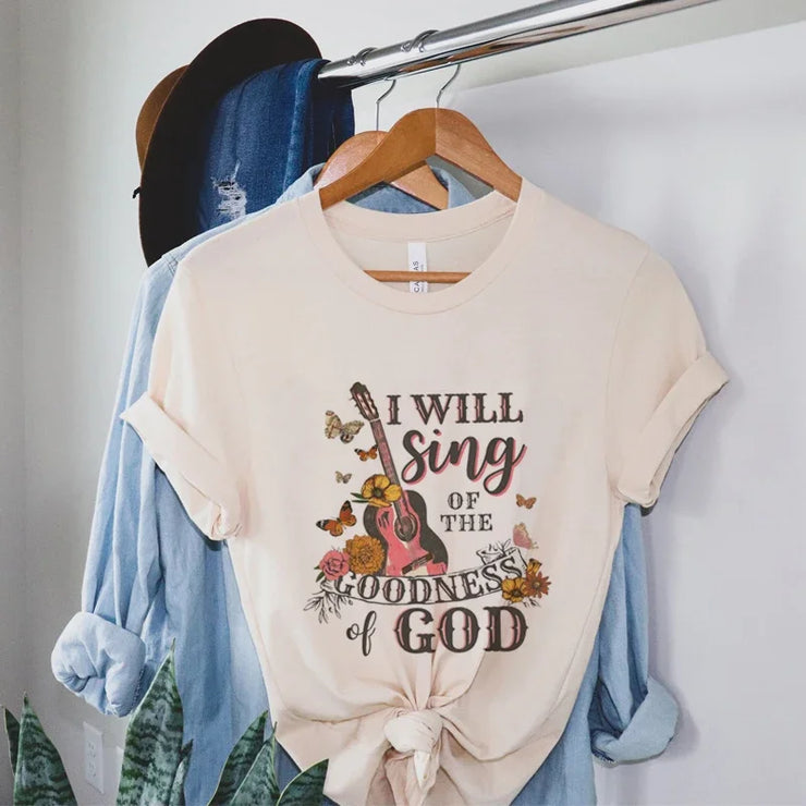 Bible verse faith shirt for women by Fresh Faith Designs in beige with floral guitar graphic