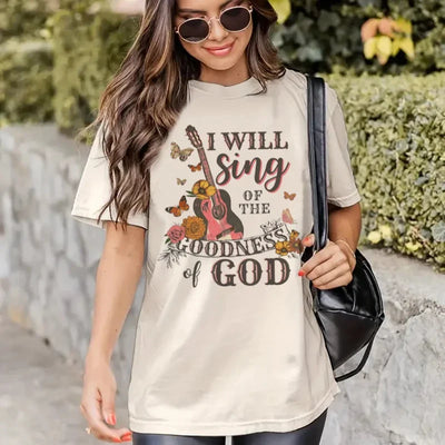 Fresh Faith Designs Bible verse faith shirt for women with guitar and floral graphic in beige
