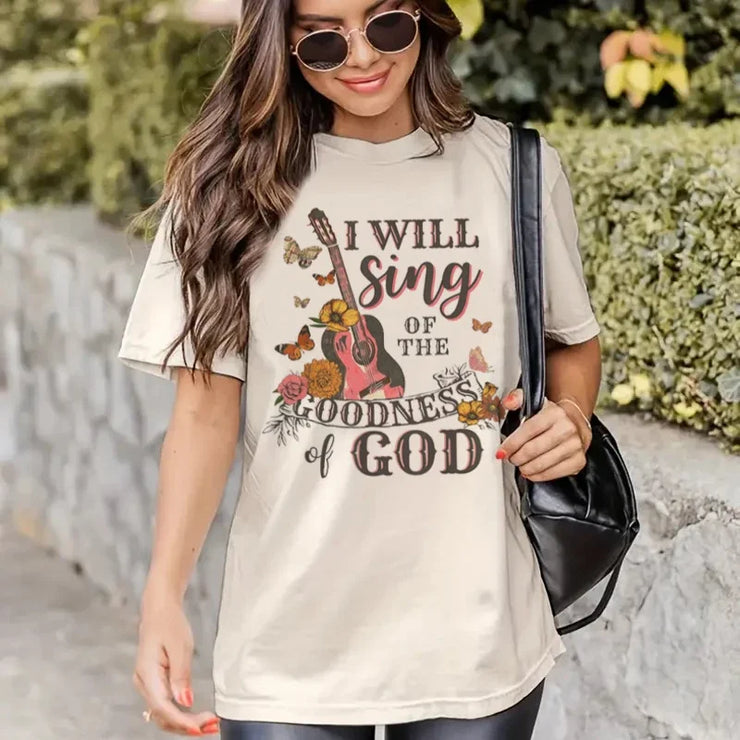 Fresh Faith Designs Bible verse faith shirt for women with guitar and floral graphic in beige