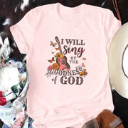 Bible verse faith shirt for women by Fresh Faith Designs in light pink with guitar and floral design