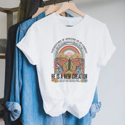 Bible verse faith shirt for women by Fresh Faith Designs with colorful butterfly and rainbow graphic