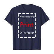 Navy blue t-shirt from Fresh Faith Designs with Bible verse religious apparel print position guide