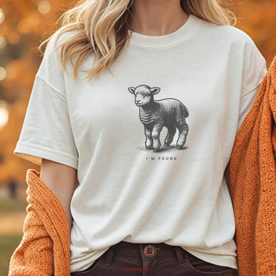 White T-shirt from Fresh Faith Designs featuring a lamb graphic and text I'm Found Bible verse religious apparel