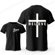 Black t-shirt with Jesus text on front and cross with Believe on back Christian casual wear for men