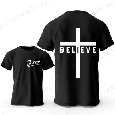Black t-shirt with Jesus text on front and cross with Believe on back Christian casual wear for men