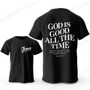 Black Christian casual wear for men T-shirt with Jesus text front and God is good all the time scripture on back