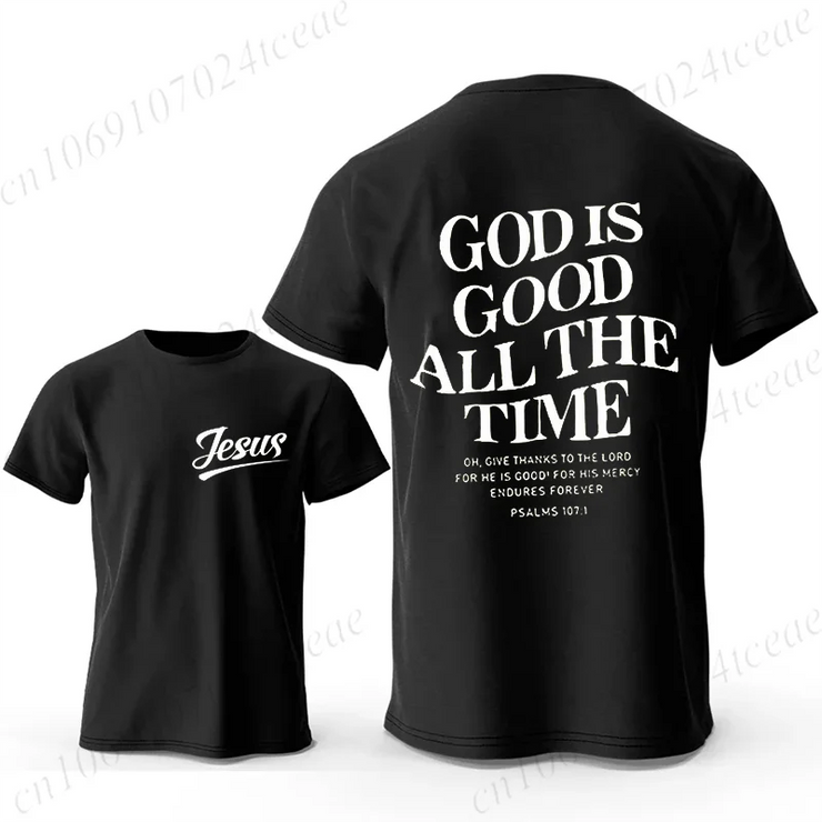 Black Christian casual wear for men T-shirt with Jesus text front and God is good all the time scripture on back