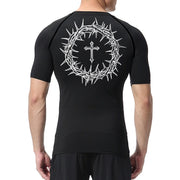 Black faith-based compression shirt with white cross and crown of thorns graphic on the back