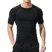 Men's black faith-based compression shirt with short sleeves and slim fit design