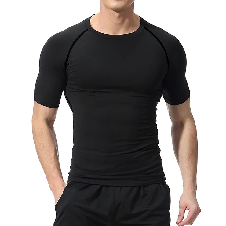 Men's black faith-based compression shirt with short sleeves and slim fit design