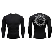 Black faith-based compression shirt with long sleeves and white crown of thorns cross design on back