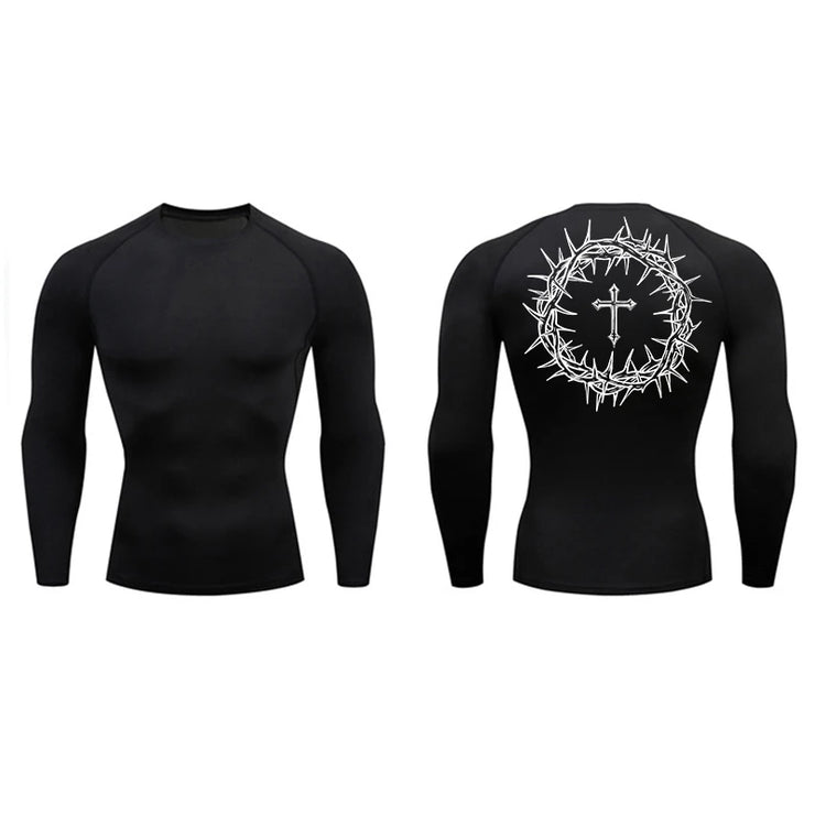 Black faith-based compression shirt with long sleeves and white crown of thorns cross design on back