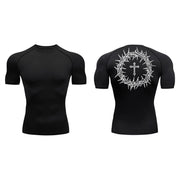 Fresh Faith Designs black faith-based compression shirt with crown of thorns and cross design on back