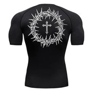 Fresh Faith Designs black faith-based compression shirt featuring white cross and crown of thorns graphic on back