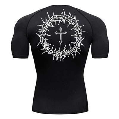 Fresh Faith Designs black faith-based compression shirt featuring white cross and crown of thorns graphic on back