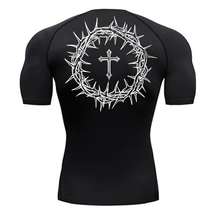 Fresh Faith Designs black faith-based compression shirt featuring white cross and crown of thorns graphic on back