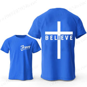 Blue t-shirt with Jesus text on front and white cross with BELIEVE on back Christian casual wear for men