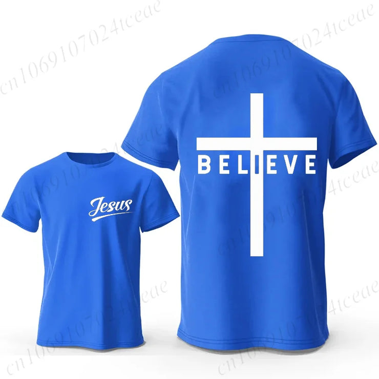 Blue t-shirt with Jesus text on front and white cross with BELIEVE on back Christian casual wear for men