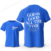 Blue Christian casual wear for men t-shirt with Jesus front text and God is Good all the time back quote