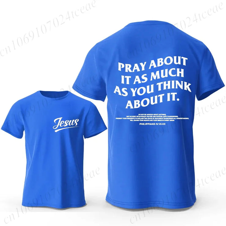 Blue Christian casual wear for men t-shirt with Jesus front print and prayer message on back