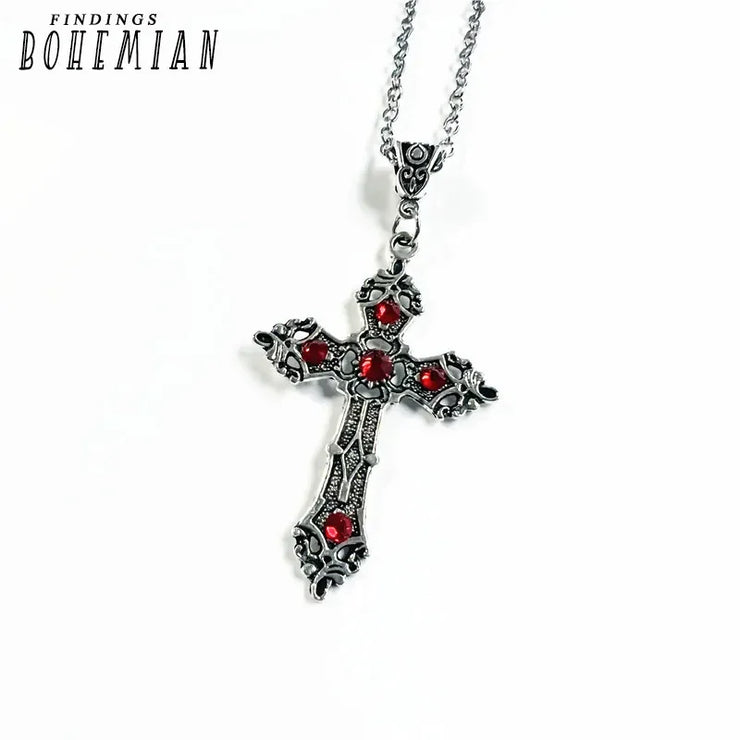Bohemian Christian Silver Pendant Jewelry with red gemstones on an ornate cross necklace