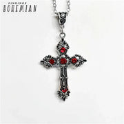 Christian Silver Pendant Jewelry featuring an ornate cross with red gemstone accents on a silver chain