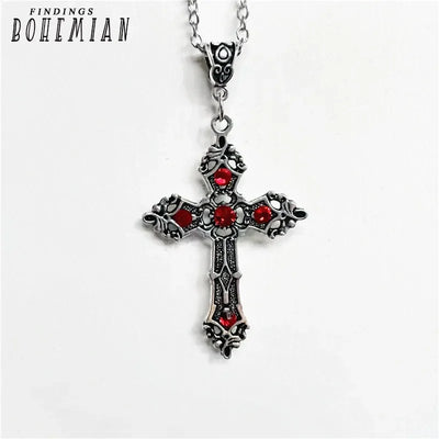 Christian Silver Pendant Jewelry featuring an ornate cross with red gemstone accents on a silver chain