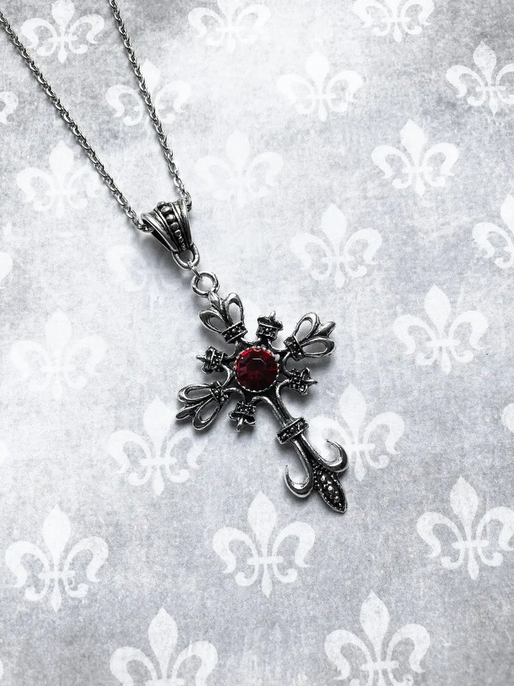 Christian Silver Pendant Jewelry with intricate cross design and red stone centerpiece on silver chain