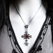 Christian Silver Pendant Jewelry with ornate cross design and red gemstone on silver chain