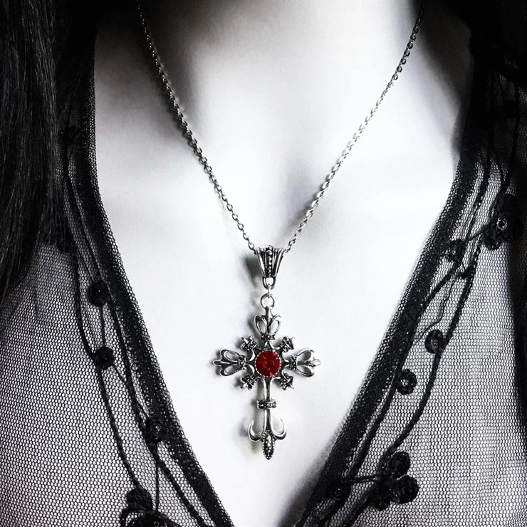 Christian Silver Pendant Jewelry with ornate cross design and red gemstone on silver chain