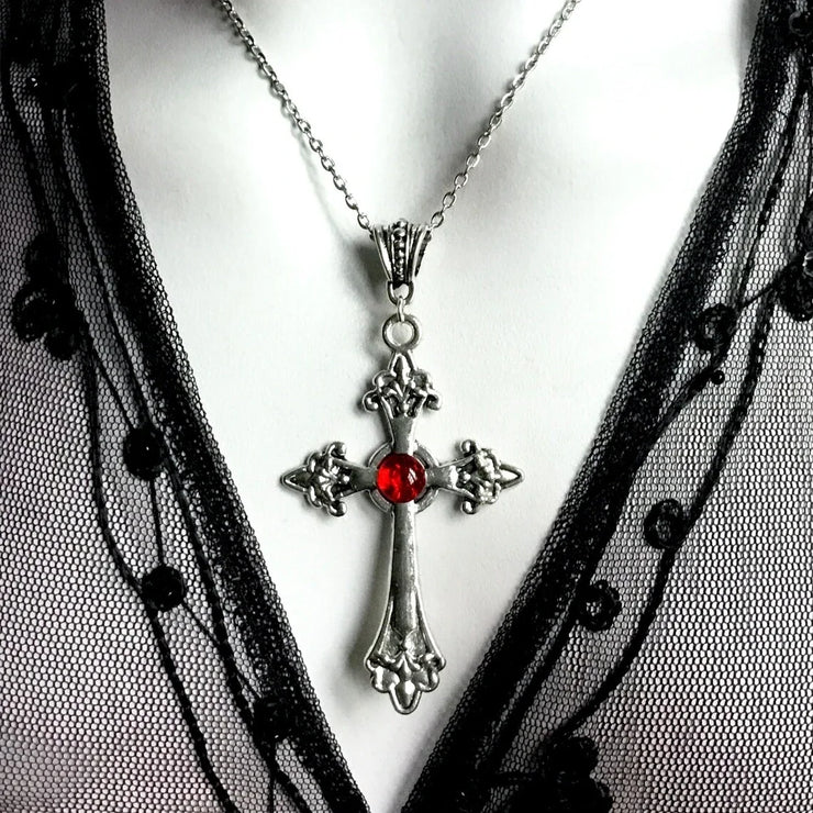 Christian Silver Pendant Jewelry featuring a silver cross with a red gem on a silver chain by Fresh Faith Designs