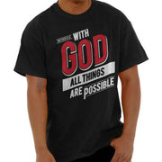 Black t-shirt with bold red and white text saying With God all things are possible Bible verse clothing