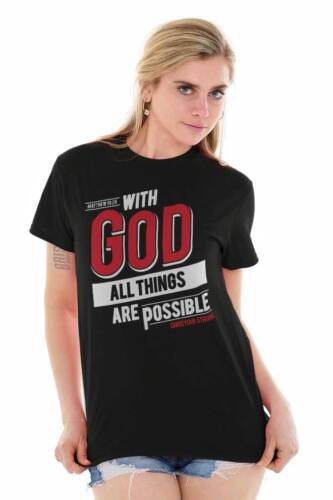 Woman wearing black Bible verse clothing t-shirt with red and white text saying With God all things are possible