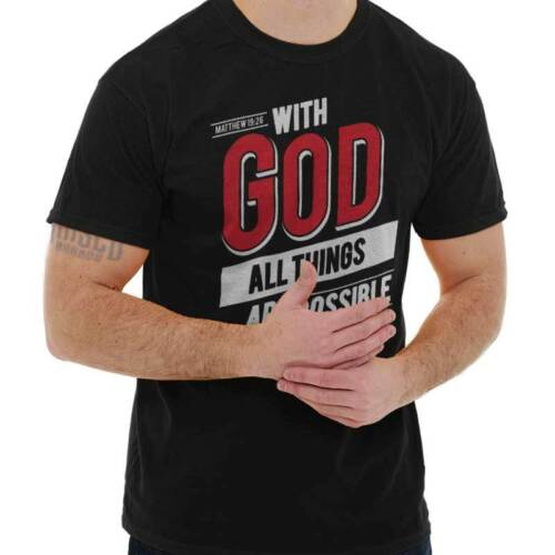 Fresh Faith Designs black t-shirt featuring Bible verse clothing with Matthew 19 26 text and bold God print