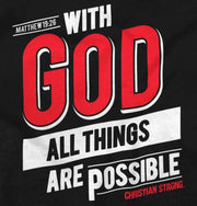 Black Bible verse clothing with red and white text saying With God all things are possible Matthew 19:26