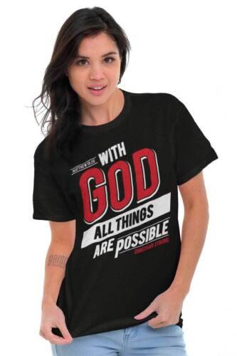 Black t-shirt from Fresh Faith Designs with bold red and white text featuring Bible verse clothing design