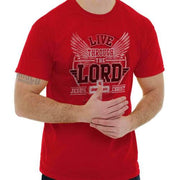 Red faith inspired t-shirts with Live Through The Lord Jesus Christ graphic design