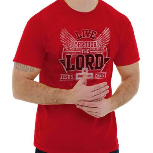 Red faith inspired t-shirts with Live Through The Lord Jesus Christ graphic design