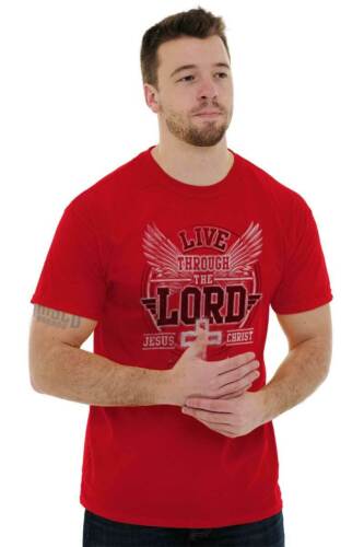 Man wearing red faith inspired t-shirts with Live Through The Lord Jesus Christ design